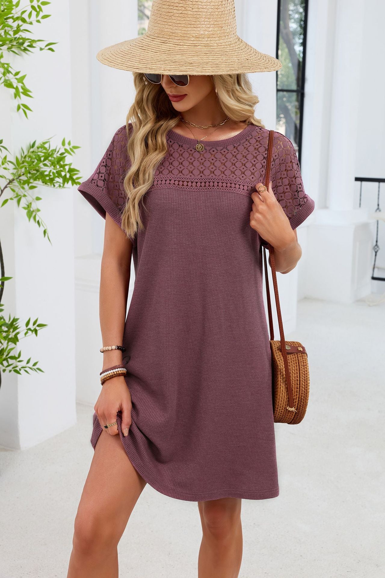 Blue Gray Yoke Loose T Shirt Dress Crew Neck