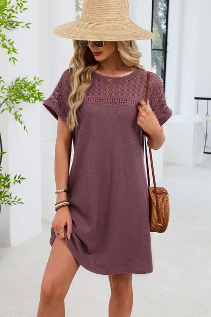 Blue Gray Yoke Loose T Shirt Dress Crew Neck