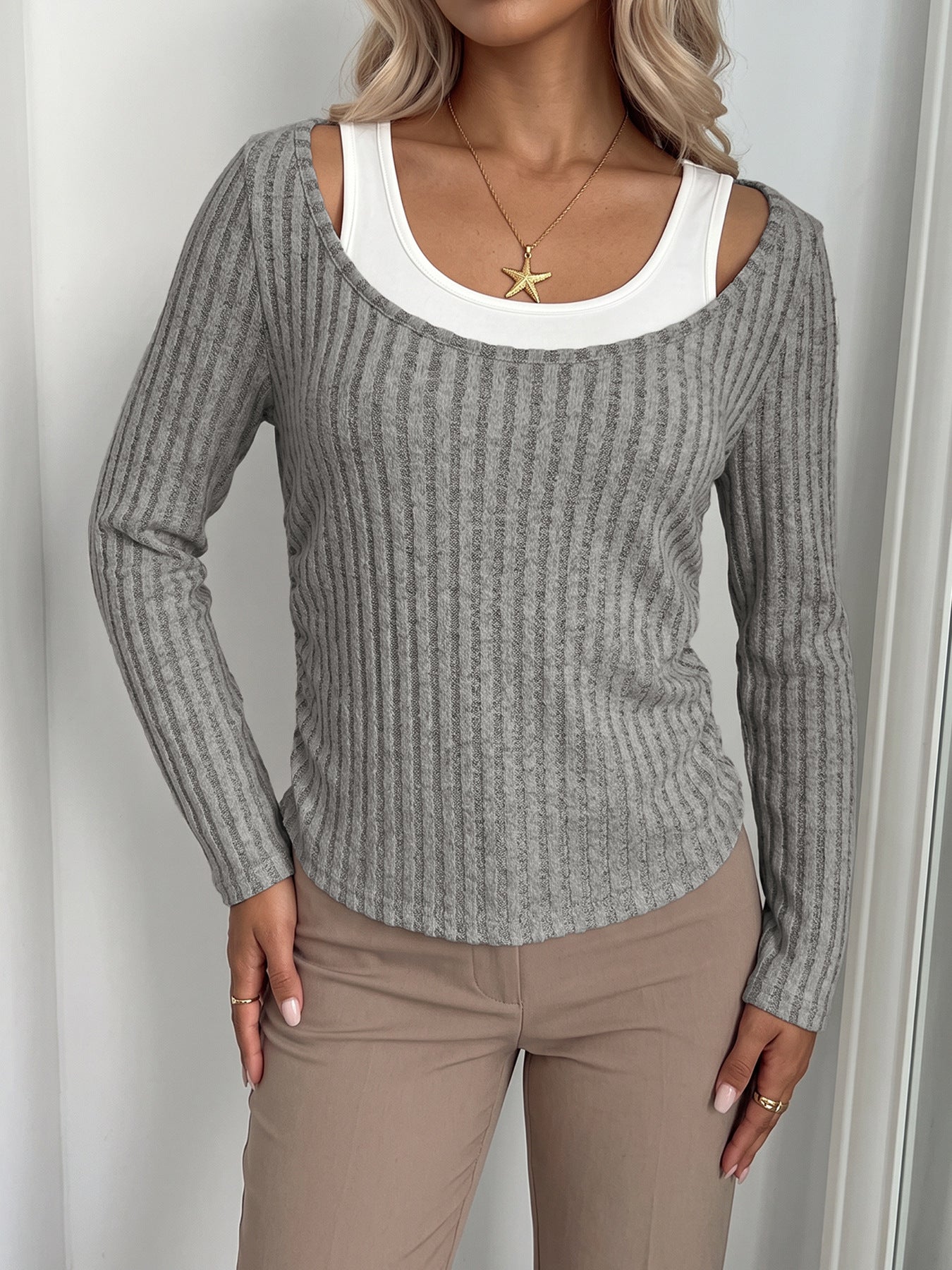 Ribbed Knit Layered Top Scoop Neck Long Sleeve Fitted