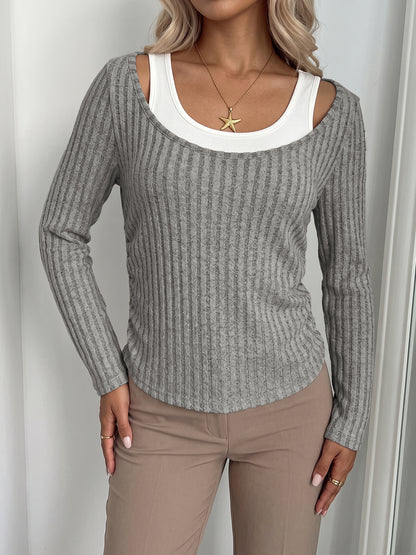 Ribbed Knit Layered Top Scoop Neck Long Sleeve Fitted