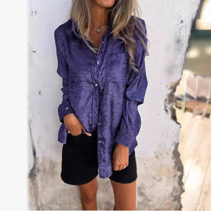 Women's Metallic Suede Button Down Shirt Long Sleeve Tunic