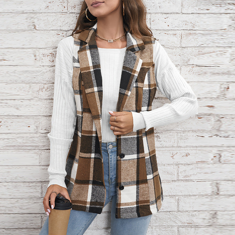 Women's Plaid Lapel Blazer Vest Button Front