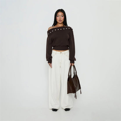 Off Shoulder Button Detail Crop Sweater Long Sleeve