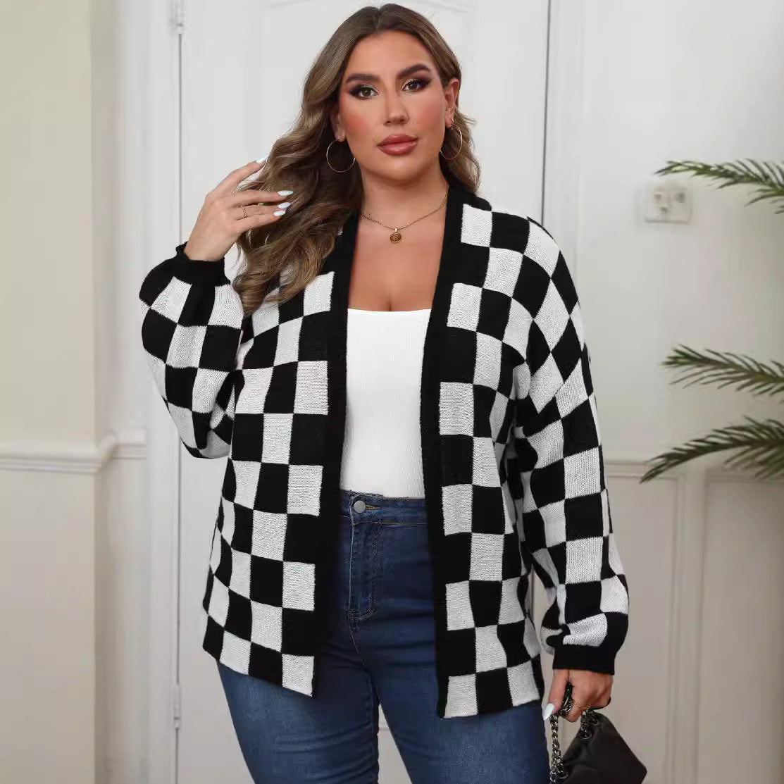 Women's Clothing Contrasting Color Splicing Checkerboard Loose Casual Cardigan Jacket