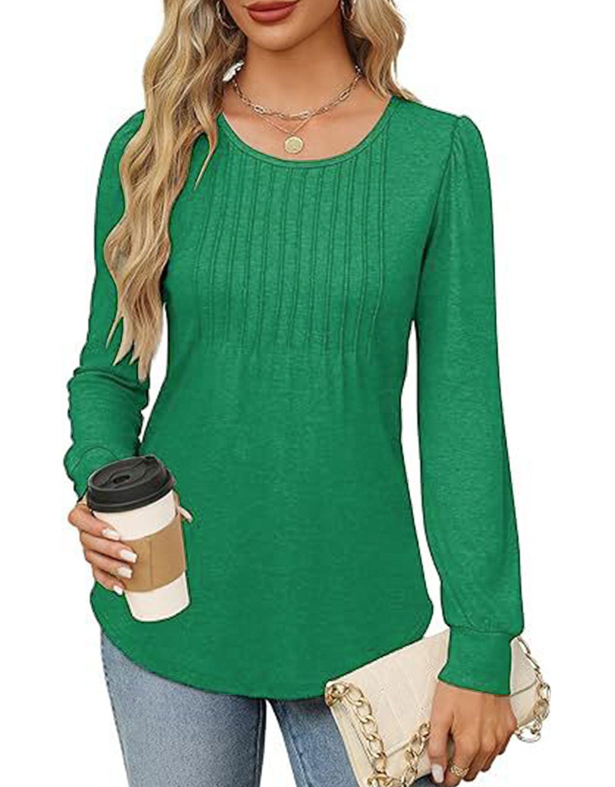 Solid Cotton Pintuck Blouse Long Sleeve Work Top