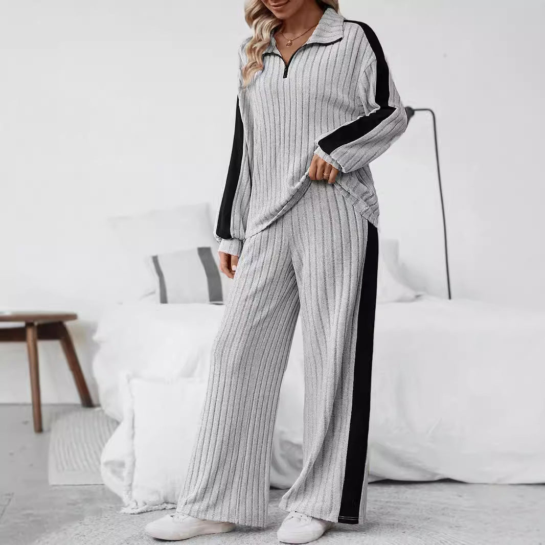 Plus Size Ribbed Half Zip Sweatshirt Wide Leg Pants Set