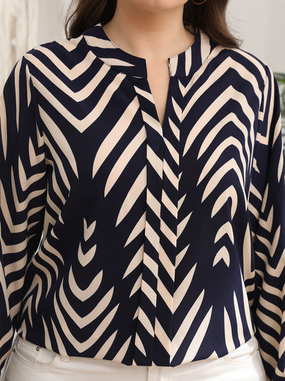 Geometric Print Plus Size V Neck Long Sleeve Blouse
