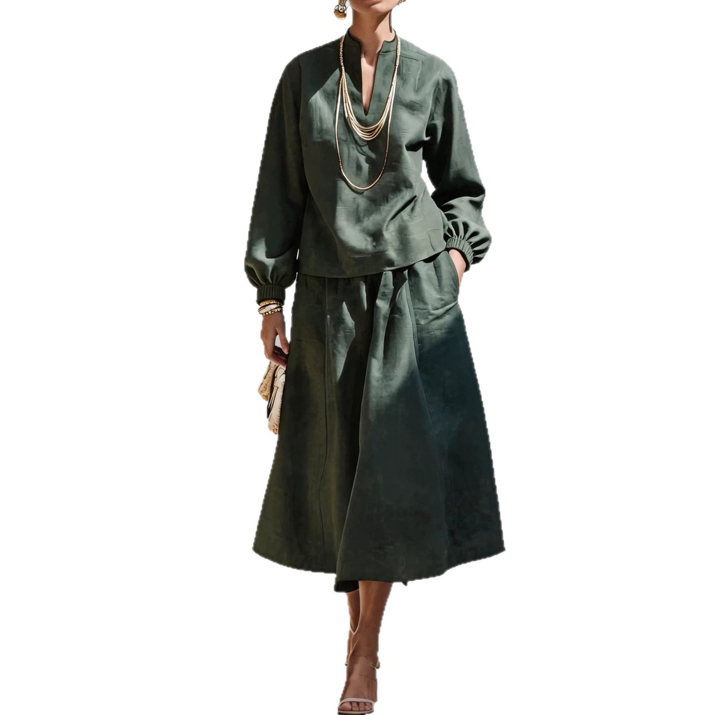 Women's Elegant V Neck Knit Top Midi Skirt Two Piece Set