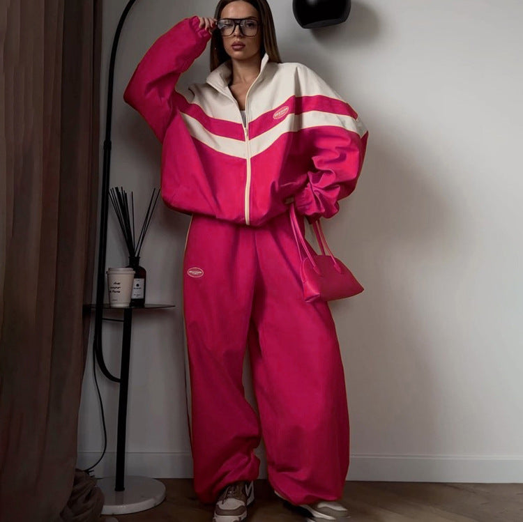 Color Block Oversized Track Jacket Pants Two Piece Set