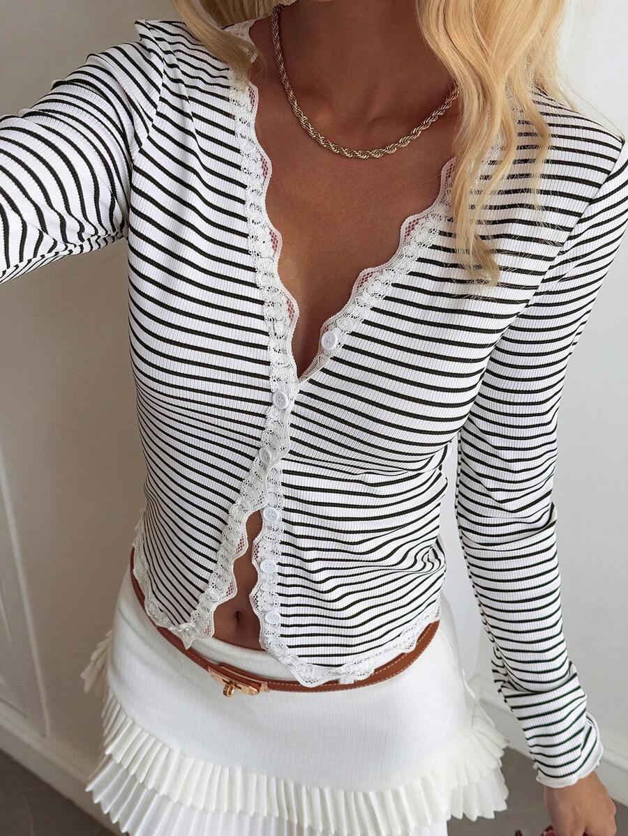 Lace Trim Striped Ribbed Knit Button Front Cardigan