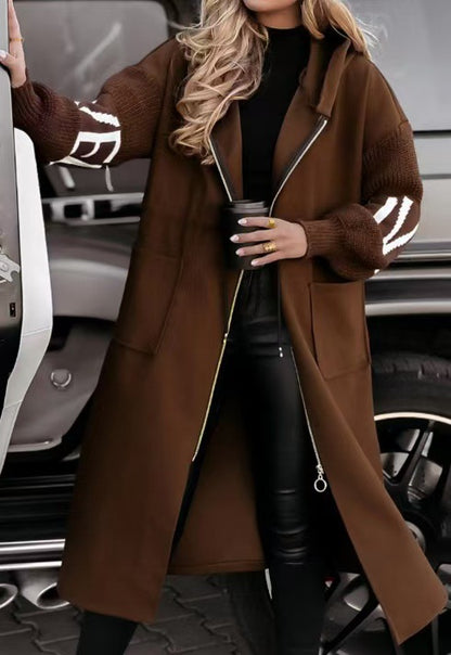 Women's Hooded Long Patchwork Knit Sleeve Jacket