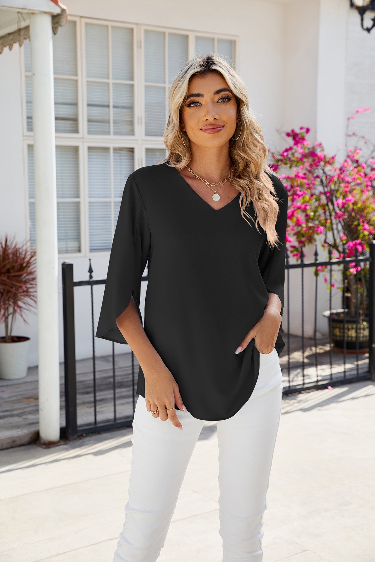 Solid Chiffon Blouse V Neck Loose Fit Custom Top