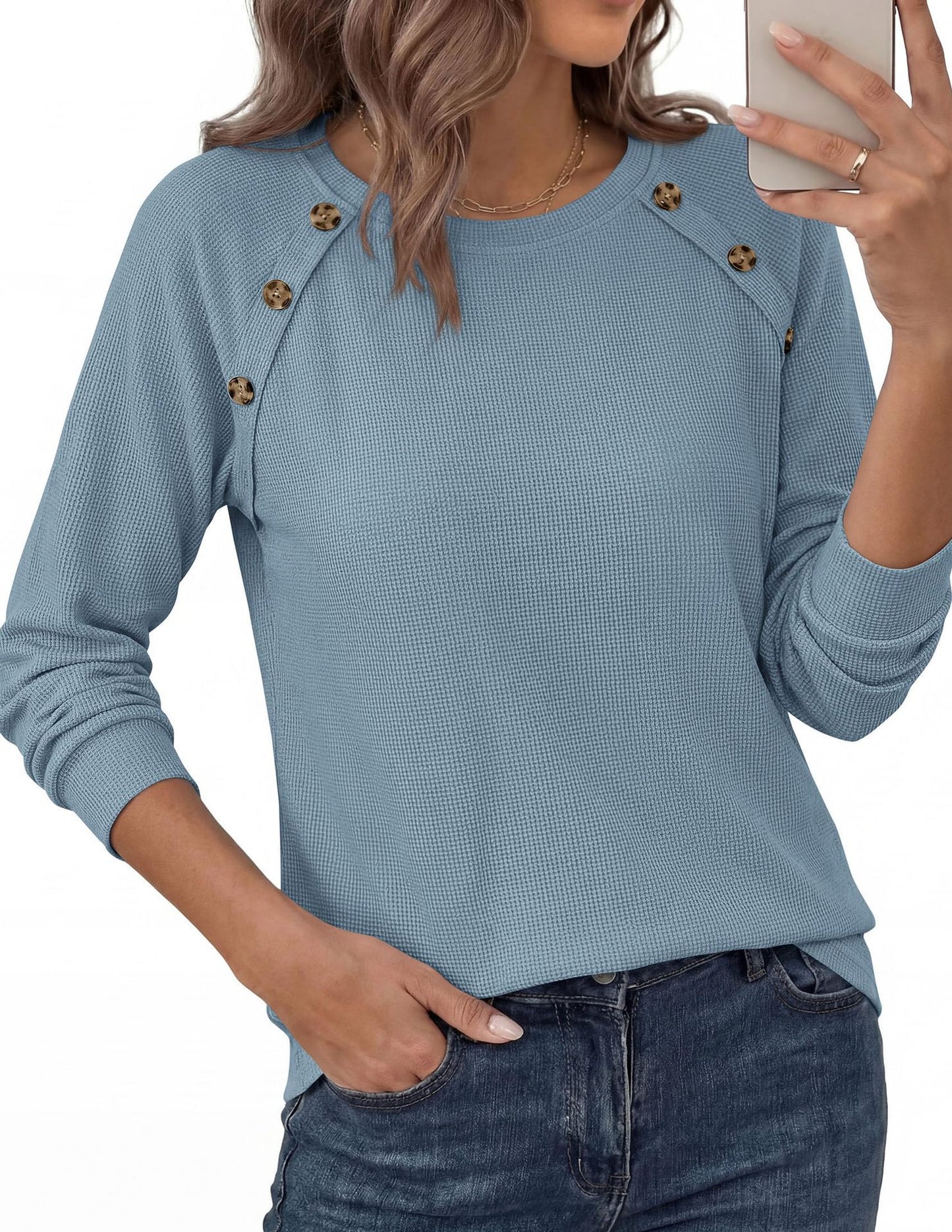 Waffle Knit Button Henley Top Crew Neck Long Sleeve Tee
