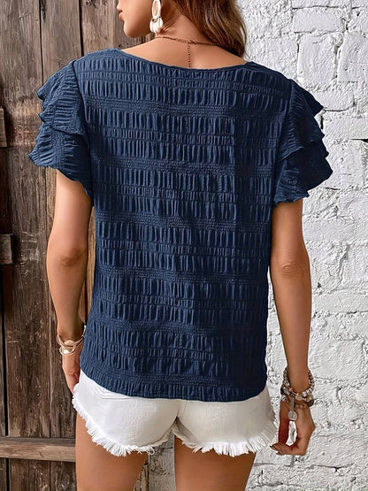 Ruffle Sleeve Crew Neck Casual Summer Blouse Top