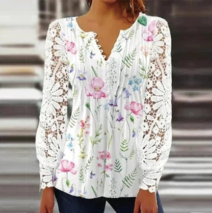 Women's Lace Sleeve Pleated V-Neck Blouse
