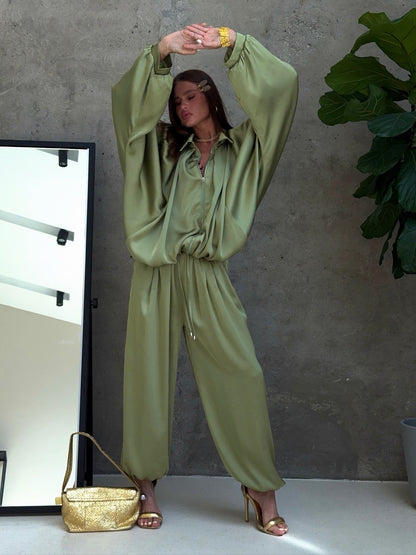 Women's Satin Batwing Zip-Up Two-Piece Jogger Set