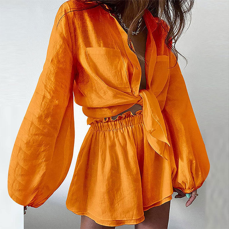 Women's Tie Front Shirt and Shorts Matching Set