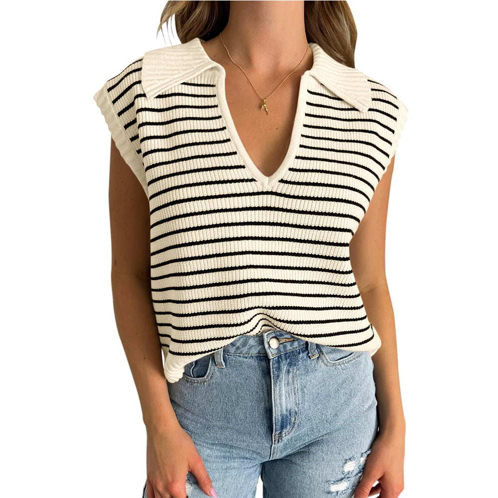 V-Neck Striped Knit Sweater, Casual Lapel Top