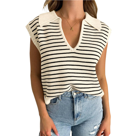 V-Neck Striped Knit Sweater, Casual Lapel Top
