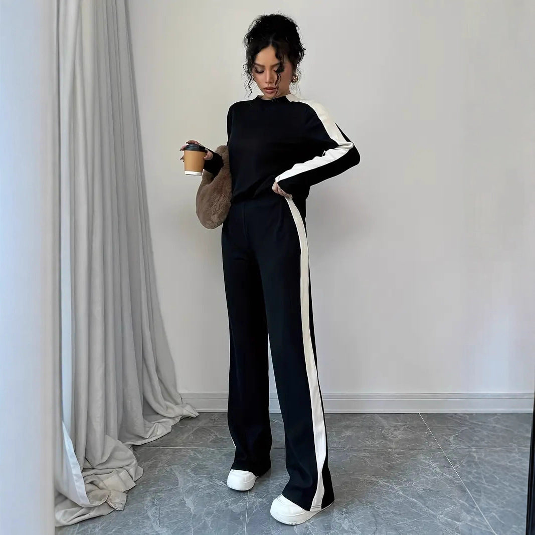 Color Block Raglan Top Wide Leg Pants Lounge Set