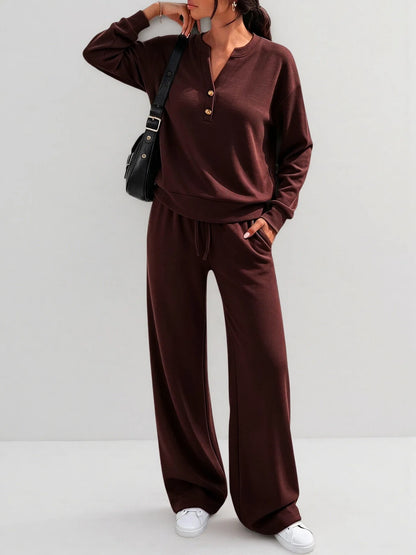 Women's 2 Piece Lounge Set Henley Wide Leg Pants
