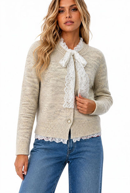 Women's Lace Bow Pearl Button Cropped Knit Cardigan