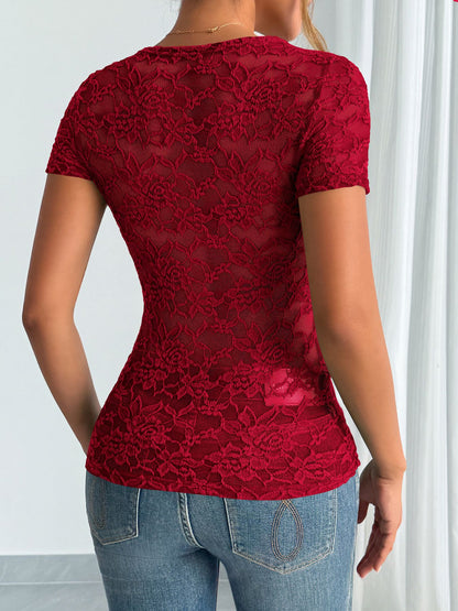 Sexy Lace V-Neck Short Sleeve Top Elegant Sheer Blouse