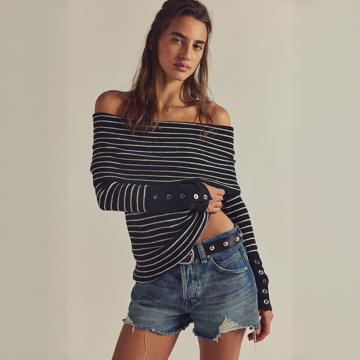 Off Shoulder Striped Long Sleeve Fitted Knit Sweater