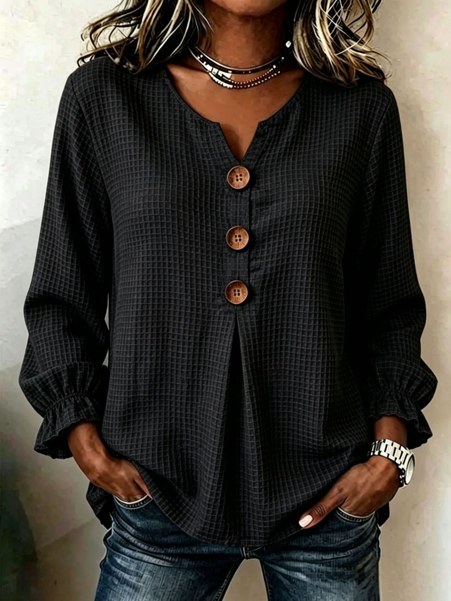 Women's Waffle Knit V Neck Ruffle Sleeve Button Front Top