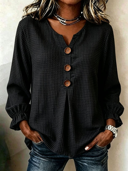 Women's Waffle Knit V Neck Ruffle Sleeve Button Front Top