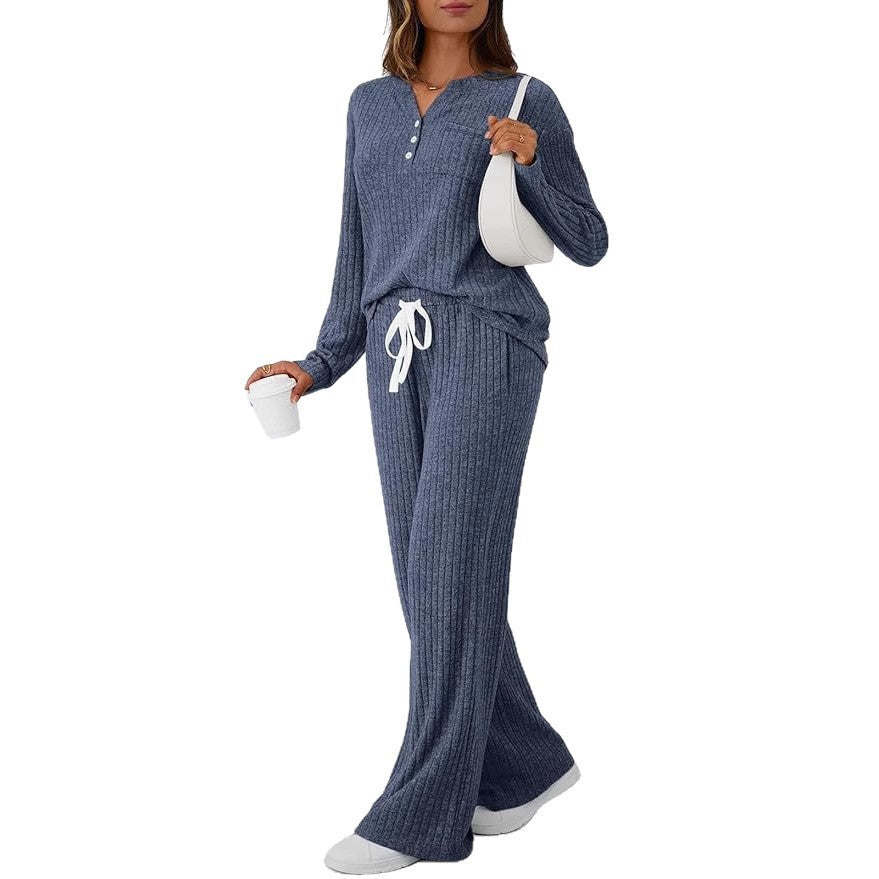 Women's Ribbed Henley Lounge Set Wide Leg Pants 2Pc