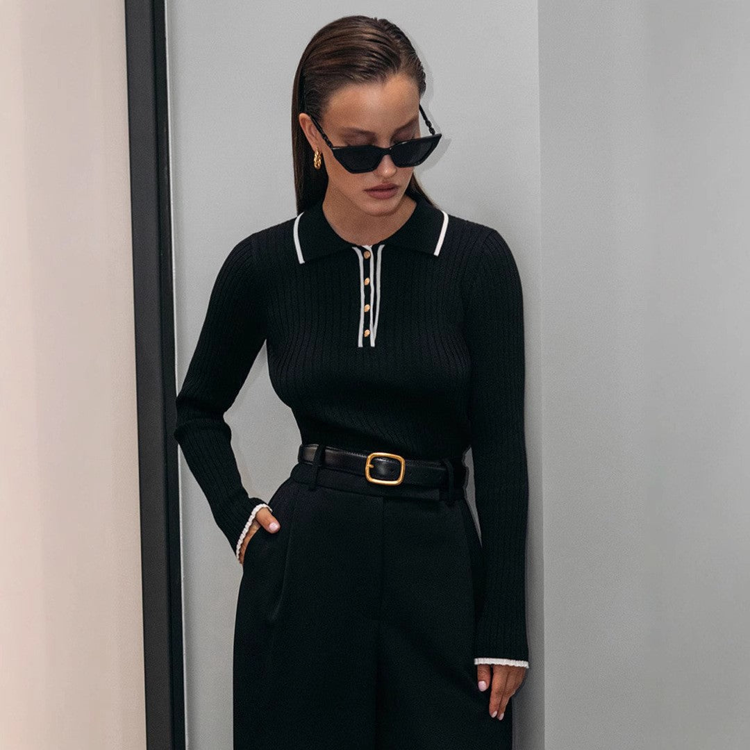 Women's Polo Collar Ribbed Long Sleeve Crop Sweater