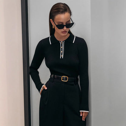 Women's Polo Collar Ribbed Long Sleeve Crop Sweater