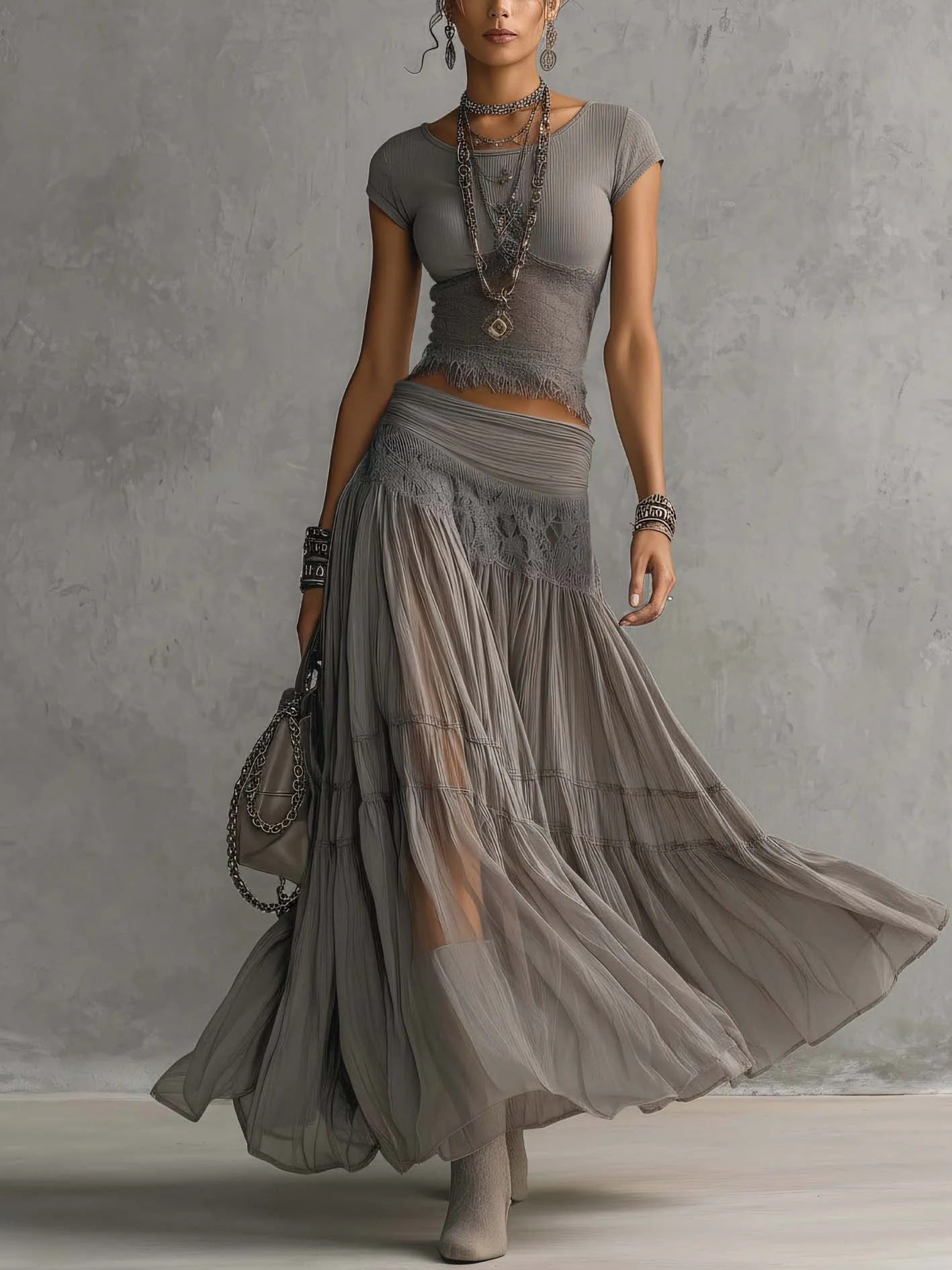 Women's Boho Knit Top and Flowy Maxi Skirt Set