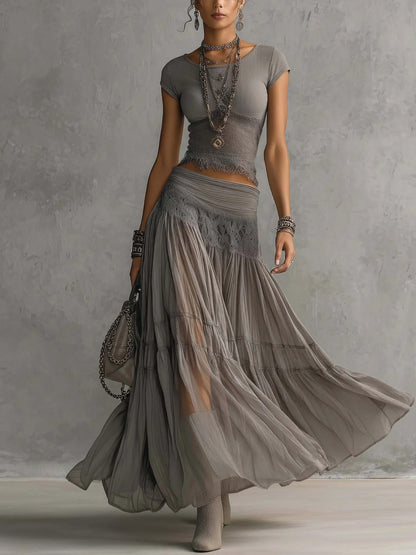 Women's Boho Knit Top and Flowy Maxi Skirt Set