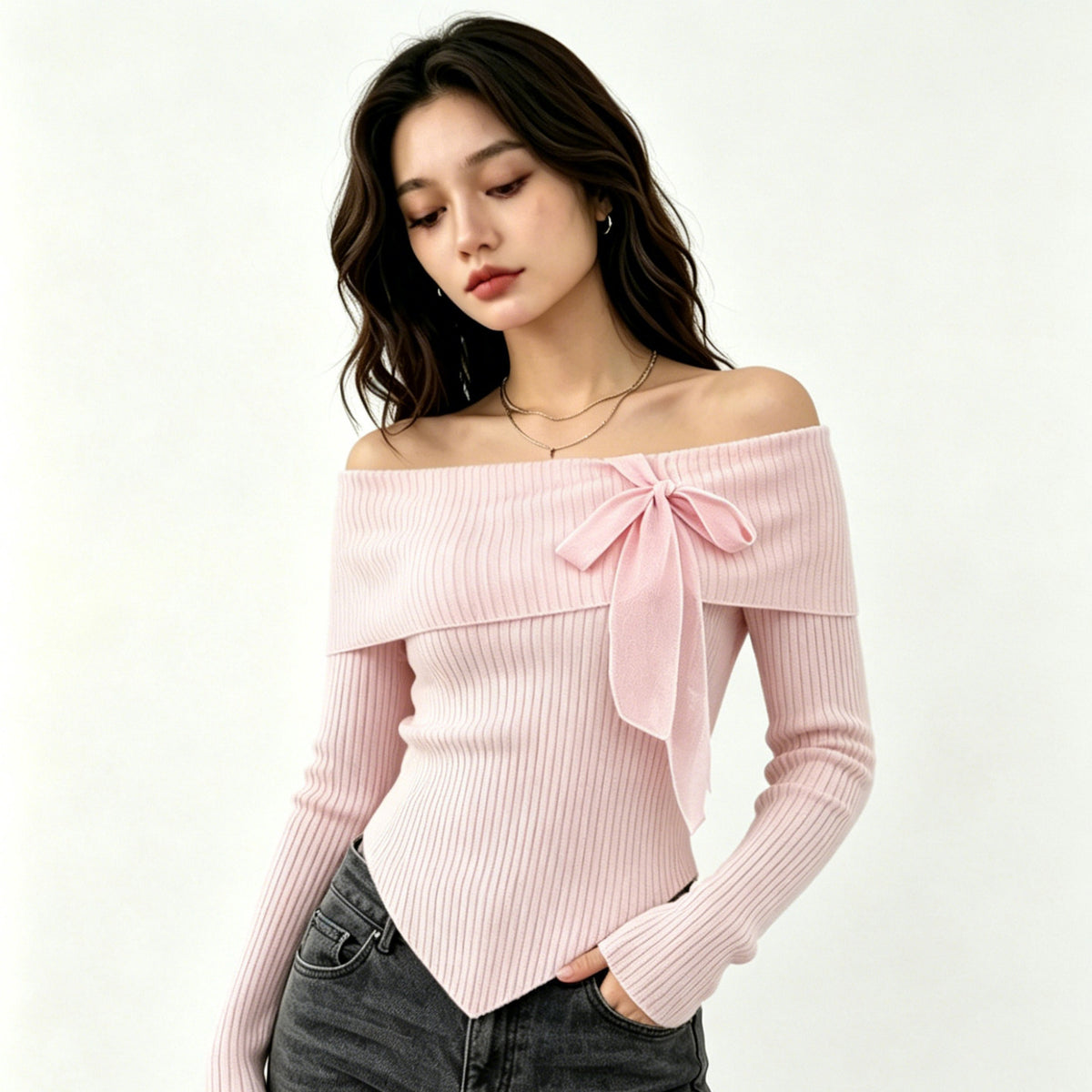 Coquette Off Shoulder Ribbed Bow Knit Top