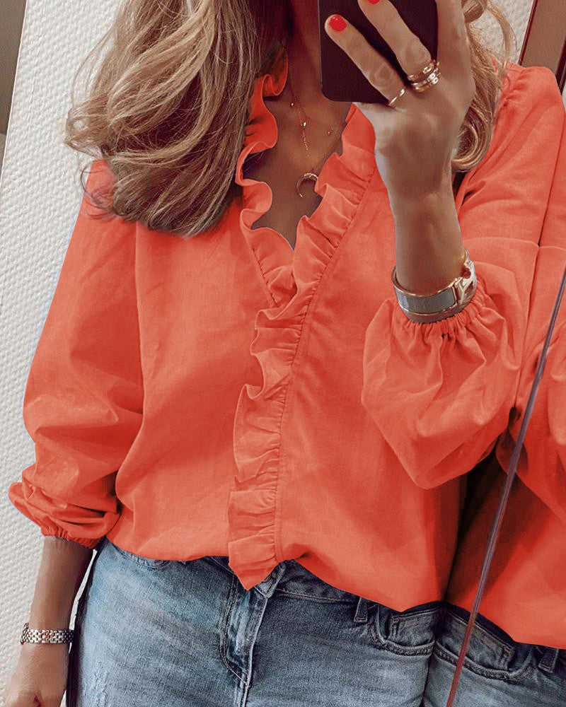 Women's Ruffle V Neck Blouse Balloon Sleeve Casual Top