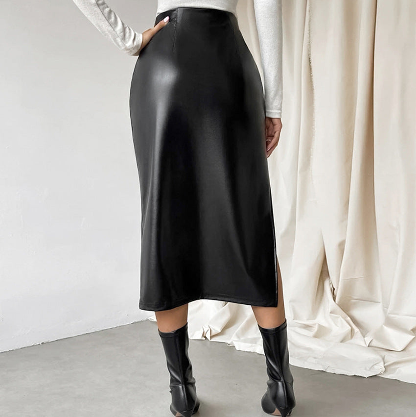 PU Leather Midi Skirt High Waist Side Slit Slim Fit