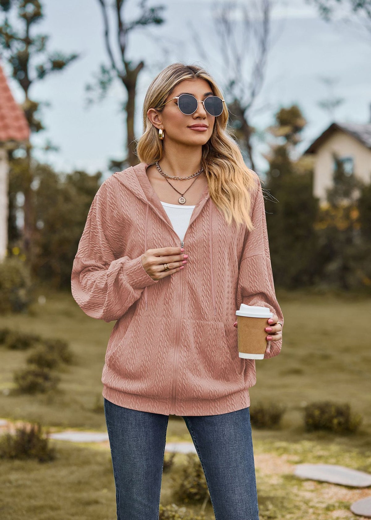 Oversized Textured Zip-Up Hoodie Jacket Pockets