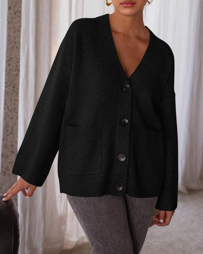 Oversized V Neck Button Knit Cardigan with Pockets