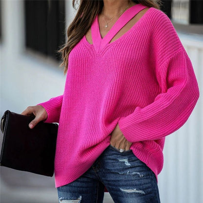 Women's Oversized V Neck Backless Chunky Knit Sweater