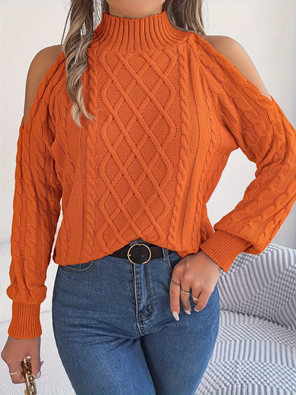 2025 Fall Winter Off-Shoulder Cable Knit Turtleneck Sweater