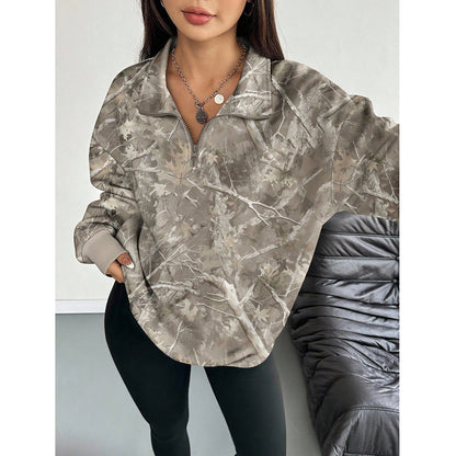 Womens Oversized Half Zip Branch Print Collared Sweatshirt