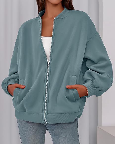 Women's Oversized Zip Up Bomber Jacket Lantern Sleeve