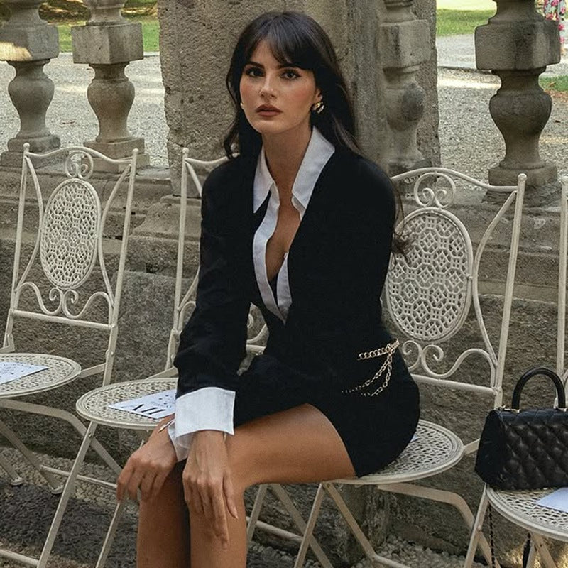 Women's Contrast Collar Long Sleeve Bodycon Mini Dress
