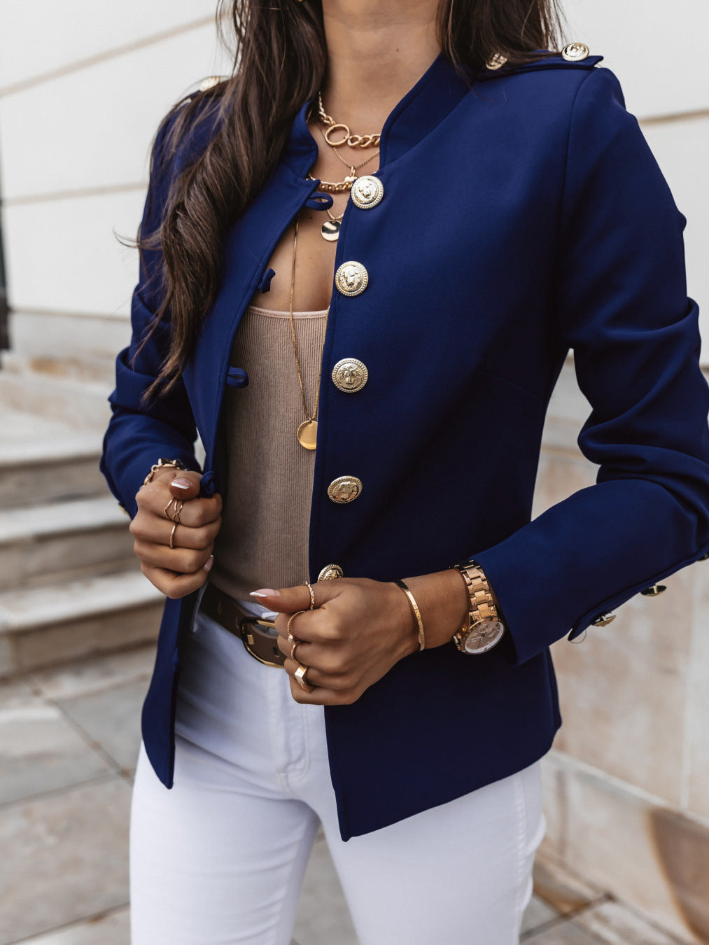 Women's Fitted Cropped Blazer Gold Button Long Sleeve