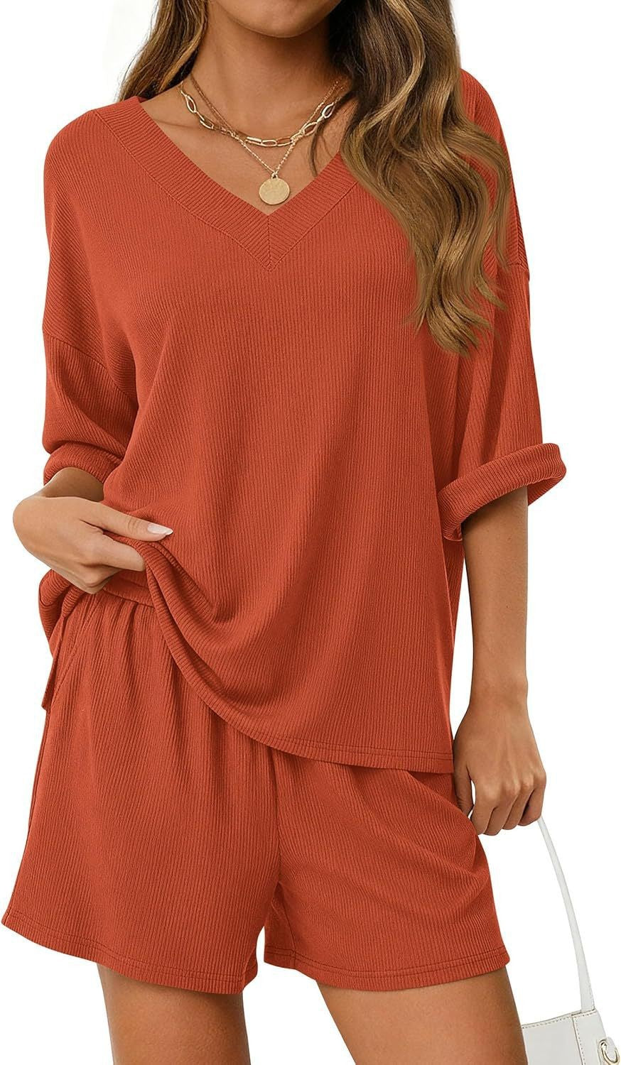 Ribbed V Neck Lounge Set Oversized Top Shorts Set