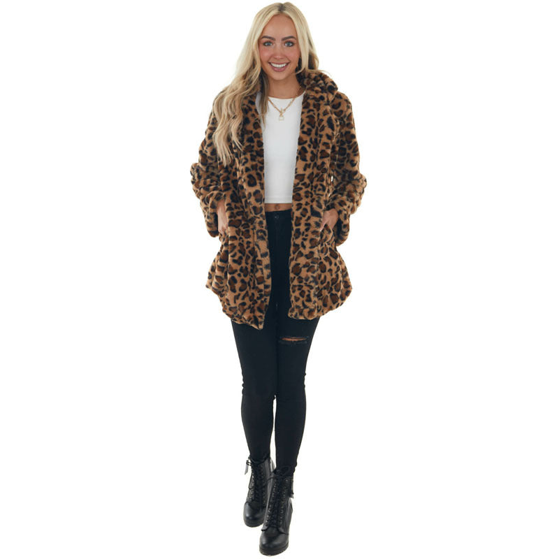 Women's Leopard Faux Fur Coat Open Front Oversized