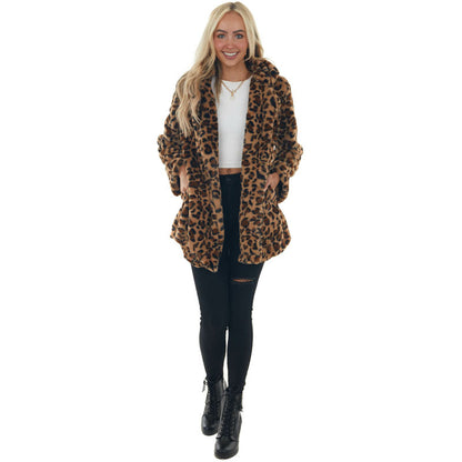 Women's Leopard Faux Fur Coat Open Front Oversized