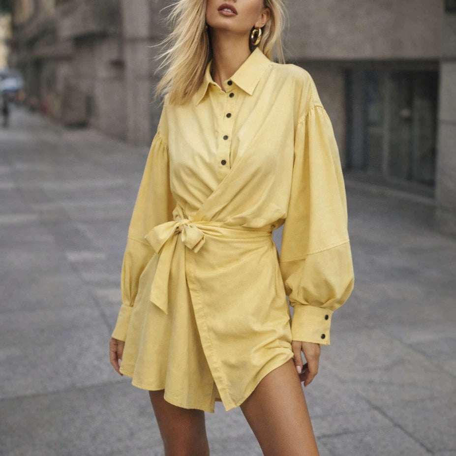 Womens Tie Waist Shirt Dress Balloon Sleeve Button Front